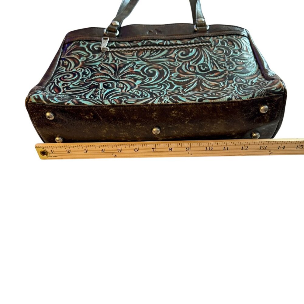 Patricia Nash Poppy Top Zip Tote Turquoise Embossed Leather Floral Design 14x10 - Picture 7 of 16